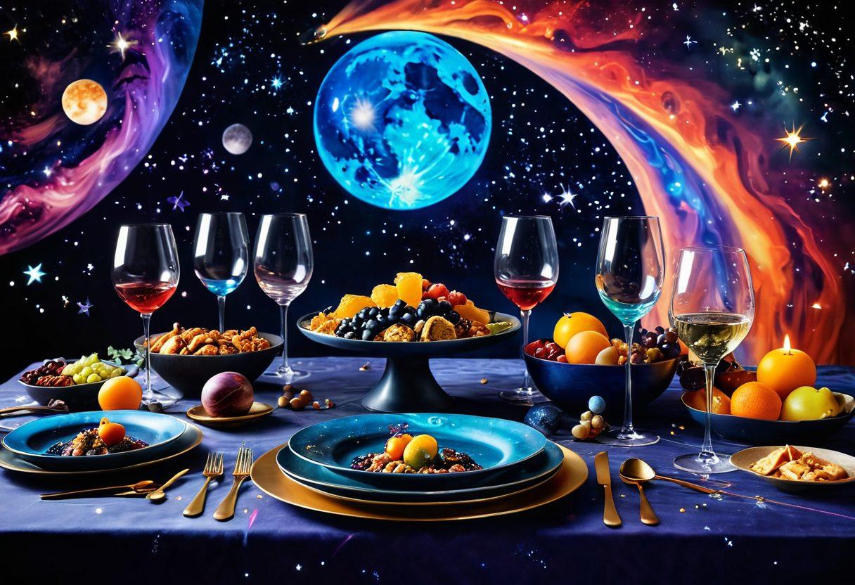 A cosmic-inspired table setting featuring an otherworldly spread of gourmet dishes and starry wine glasses, illuminated by a celestial glow. Incorporate planets made of food, vibrant colors in swirling patterns, and a backdrop of deep space with sparkling stars. The atmosphere should evoke a sense of adventure and luxury in culinary exploration. surrealistic. vibrant colors. starry background.