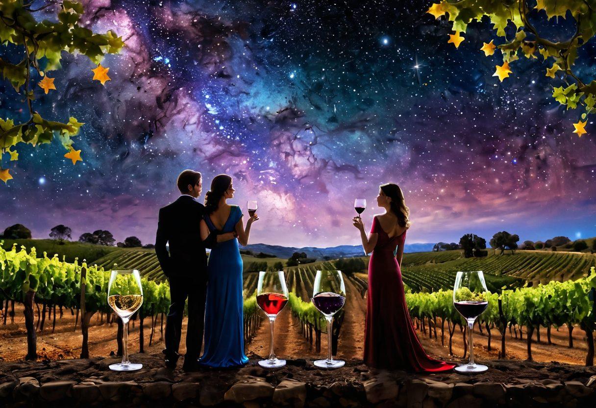 A celestial vineyard under a starry sky, where constellations shape wine glasses and bottles, elegantly highlighting cosmic wine pairings. Include a whimsical, swirling galaxy above, illuminating the vineyard with vibrant colors that reflect the essence of various wines. A wine tasting setting with elegantly dressed individuals enjoying the cosmic experience, surrounded by lush grapevines. surrealism. vibrant colors. 3D.