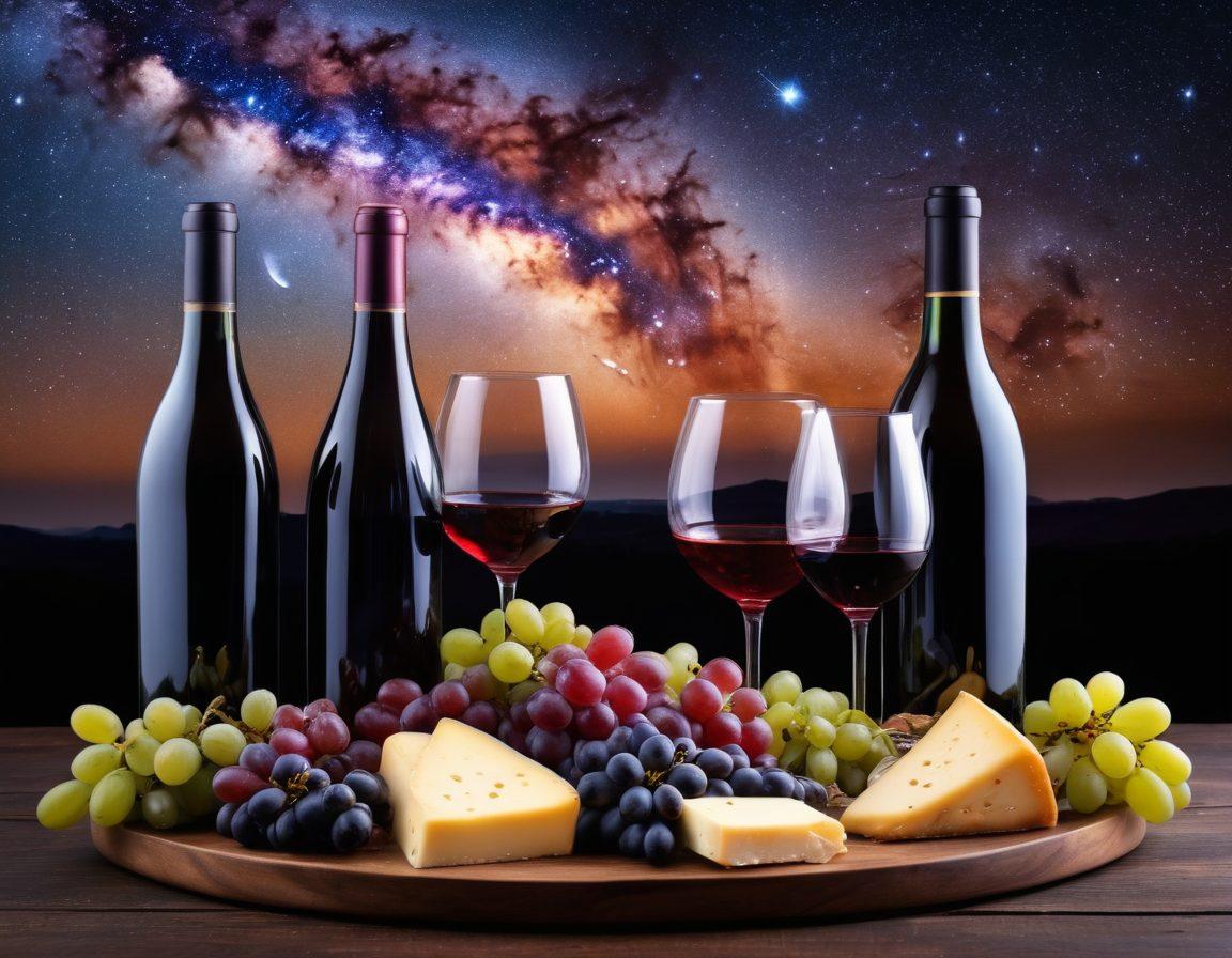 A beautifully arranged display of wine bottles and glasses set against a starry night sky. The image captures celestial elements like constellations and planets subtly blended into the background, symbolizing the heavenly flavors of the wines. Grapes and a cheese platter are elegantly placed beside the glasses, enhancing the gourmet experience. Soft, ambient lighting adds a warm, inviting atmosphere. super-realistic. vibrant colors. cosmic theme.
